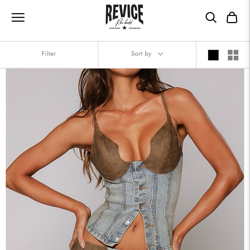 REVICE Two-Tone Denim and Brown Top